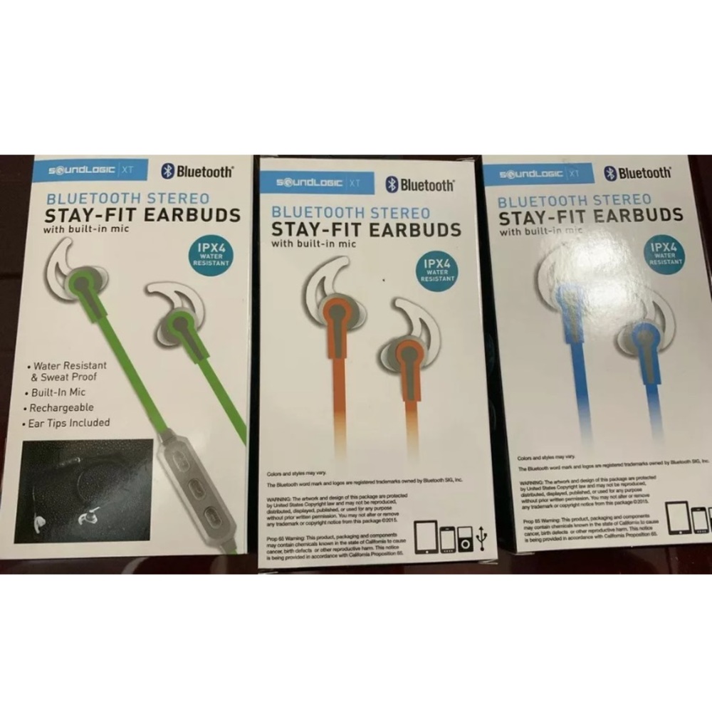 3 Sound logic Bluetooth earbuds headphones green orange blue great for workouts